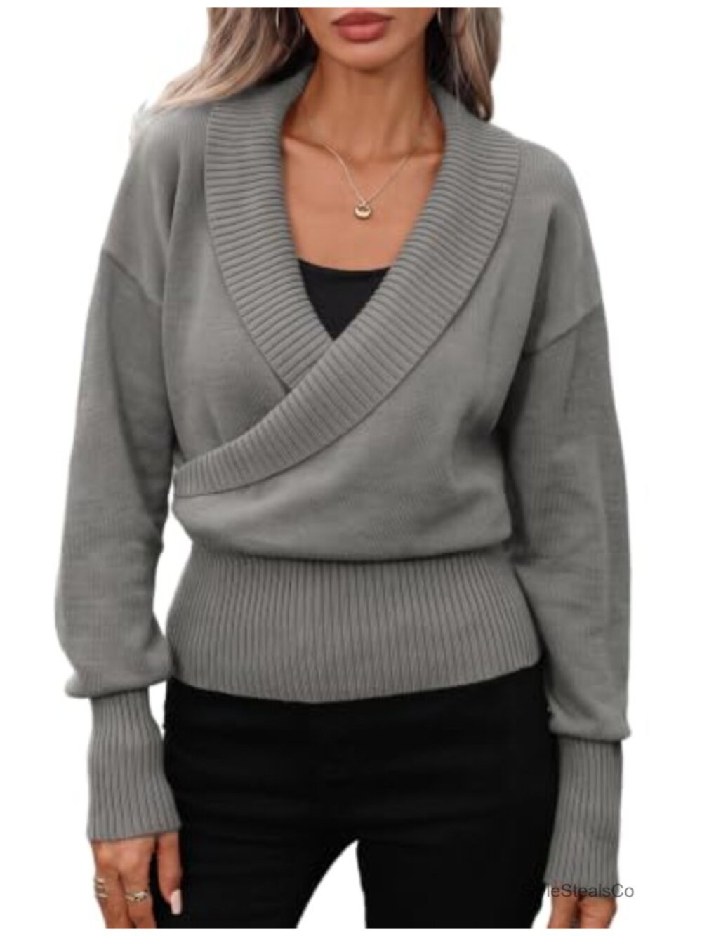 Womens Cropped Sweater V Neck Cross Front Wrap Pullover Knit Top